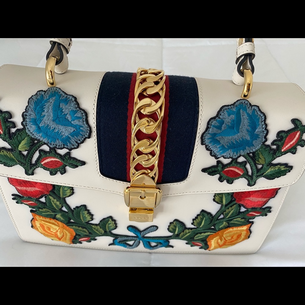 Gucci Sylvie Embroidered White Leather Satchel